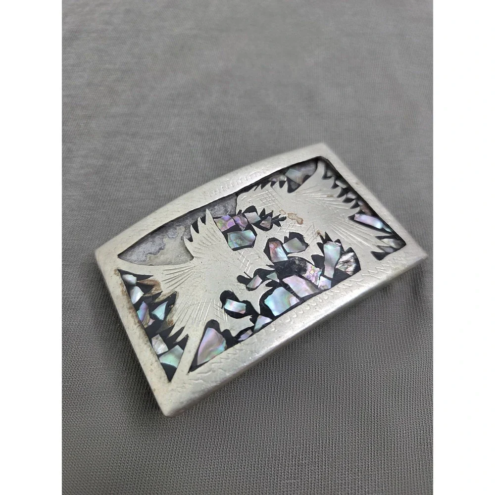 Vintage Abalone Inlay Hawk Belt Buckle Alpaca Mexico Southwestern